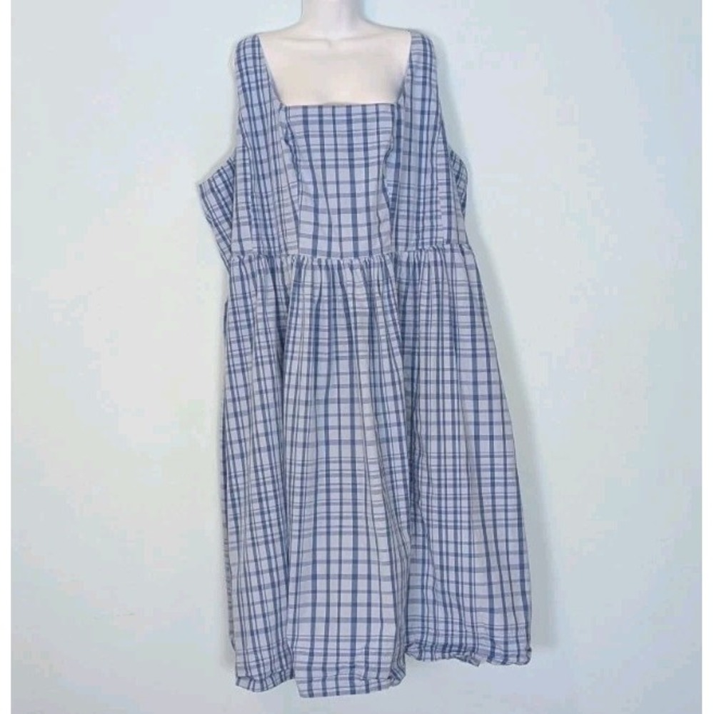 Blue Plaid 100% Cotton Dress 4X Sleeveless Plus Size Shirring In Back Cottage